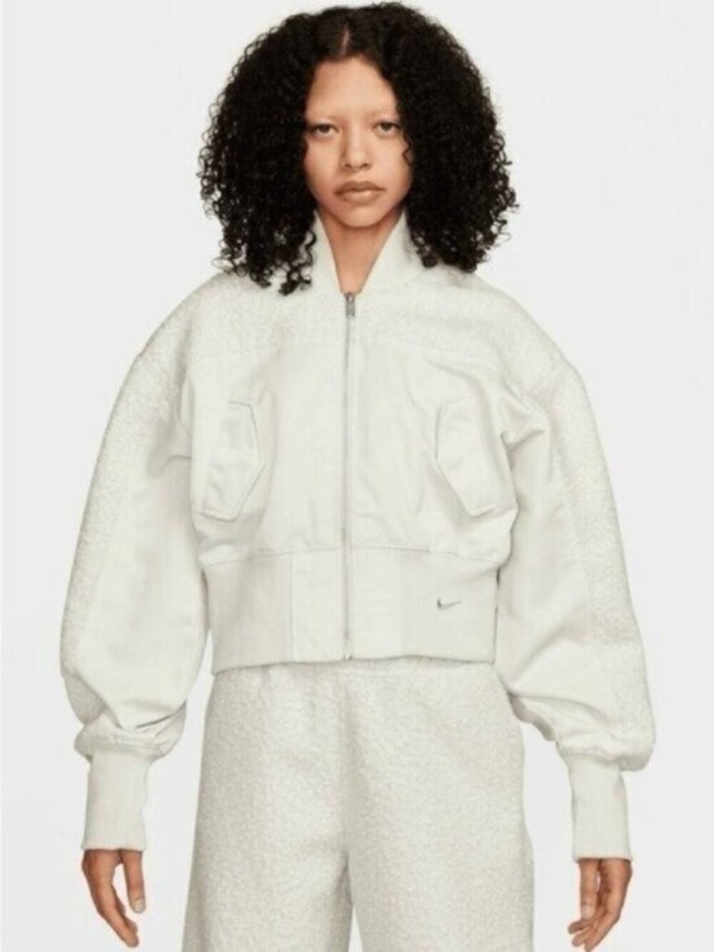 Nike Collection White Athleisure Bomber Jacket Athletic Street Boxy Sherpa